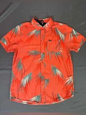 Volcom Hawaiian Shirt Men’s Medium Orange Palm Leaf Short Sleeve Button Up